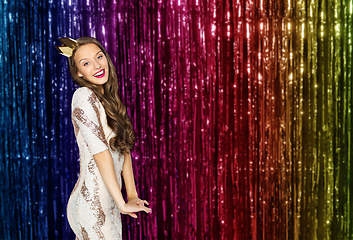 Image showing happy young woman or girl in party dress and crown