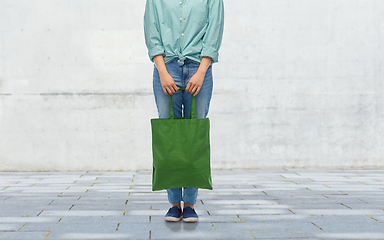 Image showing woman with reusable canvas bag for food shopping