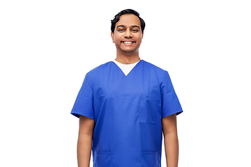 Image showing happy indian doctor or male nurse in blue uniform