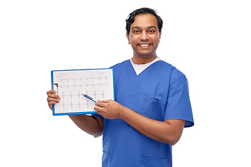 Image showing smiling male doctor with cardiogram on clipboard