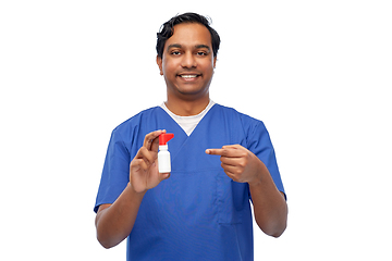 Image showing smiling indian male doctor or nurse with medicine