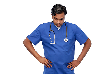 Image showing stressed doctor or male nurse in blue uniform