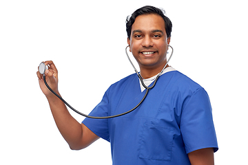 Image showing happy indian male doctor or nurse with stethoscope