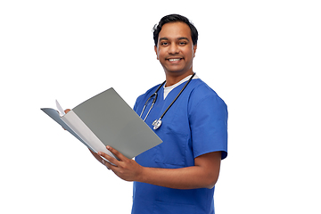 Image showing happy indian doctor with medical report in folder