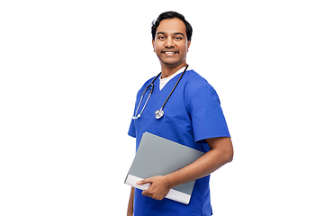 Image showing happy indian doctor with folder and stethoscope