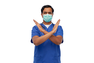 Image showing indian male doctor mask showing refusal gesture