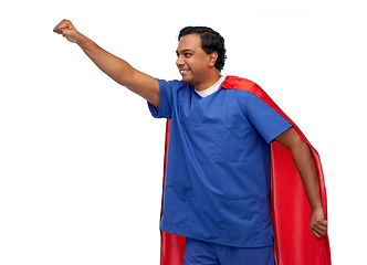 Image showing smiling doctor or male nurse in superhero cape