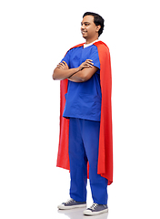 Image showing smiling doctor or male nurse in superhero cape