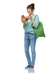 Image showing asian woman with reusable bag for food and wok