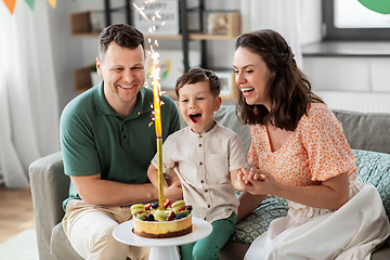 Image showing happy family with birthday cake at home