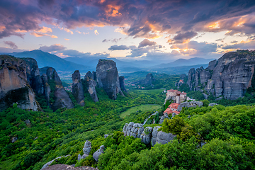 Image showing Sunset sky and monasteries of Meteora