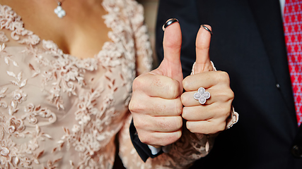 Image showing wedding rings on fingers painted with the bride and groom