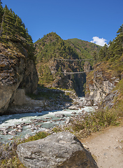 Image showing Suspension bridge on the way to Namche Bazar in Himalayas