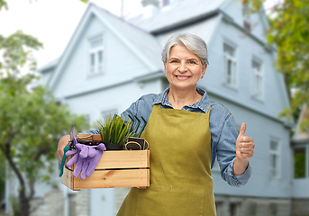 Image showing senior woman with garden tools showing thumbs up