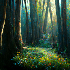 Image showing Beautiful sunny morning in magic forest. 