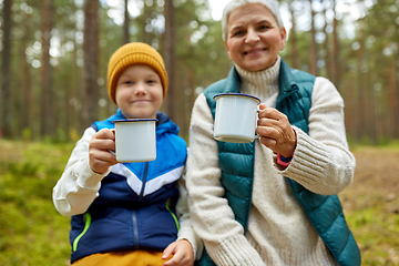 Image showing grandmother with grandson drinking tea in forest