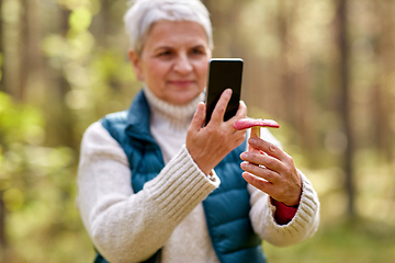 Image showing senior woman using smartphone to identify mushroom