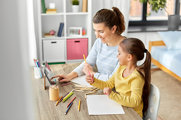 Image showing mother and daughter with tablet pc drawing at home