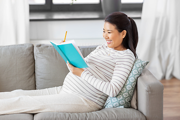 Image showing happy pregnant woman writing to diary at home