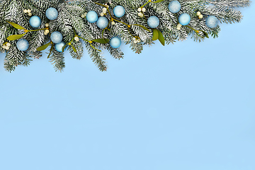 Image showing Christmas Snow Fir Tree Blue Bauble Background