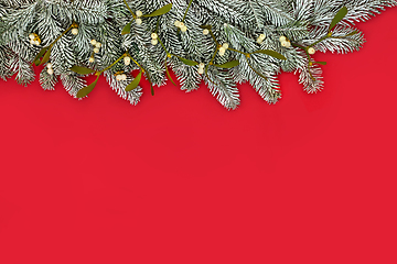 Image showing Christmas Winter New Year Snow Fir and Mistletoe Red Background