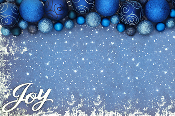 Image showing Joy at Christmas Festive Blue Bauble Background 