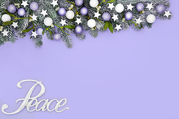 Image showing Peace at Christmas Background with Snow Fir and Tree Decorations