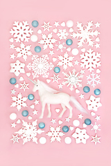 Image showing Mythical Christmas Unicorn and Fantasy Tree Bauble Background