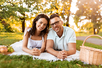 Image showing happy couple on picnic blanket at summer park