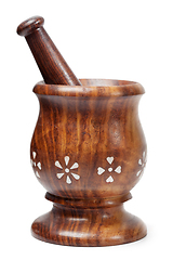 Image showing Wooden mortar and pestle isolated