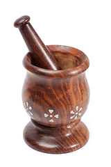 Image showing Wooden mortar and pestle isolated