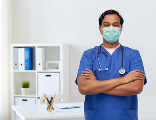 Image showing indian male doctor in blue uniform and mask