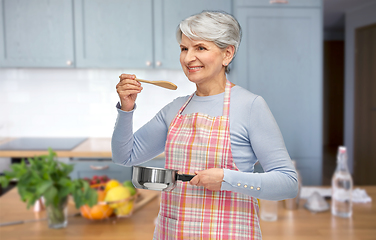 Image showing senior woman in apron with pot cooking food