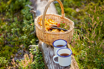 Image showing mushrooms in basket and cups of tea in forest