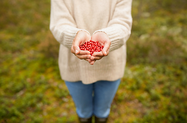 Image showing close up of young woman holding berries in hands