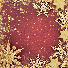 Image showing Christmas Snowflake and Star Background Border on Grunge Red 