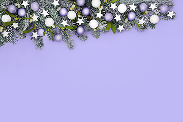 Image showing Christmas Star and Tree Bauble Snow Fir Lilac Background