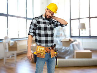 Image showing male worker or builder with neck pain at home