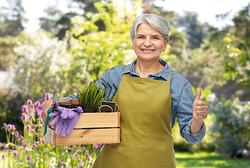 Image showing smiling senior woman with garden tools in box