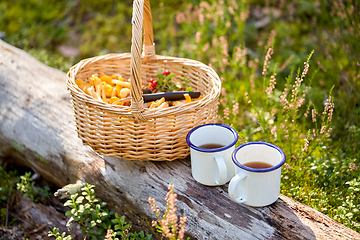 Image showing mushrooms in basket and cups of tea in forest