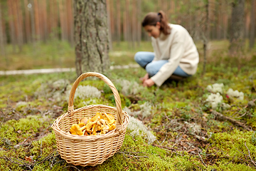 Image showing young woman picking mushrooms in autumn forest