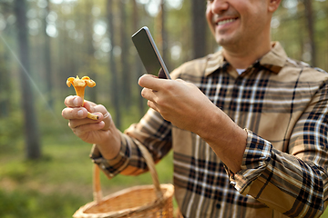 Image showing man using smartphone to identify mushroom