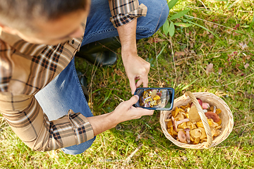 Image showing man with smartphone and mushrooms in basket