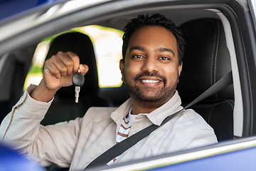 Image showing smiling indian man or driver showing car key