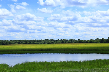 Image showing summer landscape with lake in field and clouds