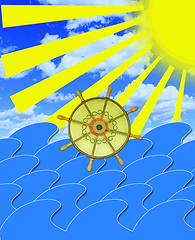 Image showing marine waves with steering-wheel and sun beams