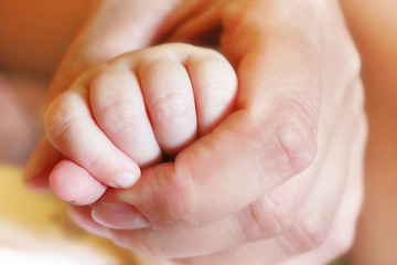Image showing mother holds the small hand of her baby