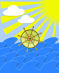 Image showing marine waves with steering-wheel and sun beams