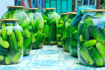 Image showing Cucumbers in the jars prepared for preservation