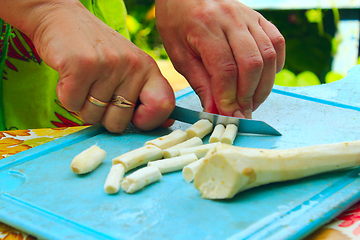 Image showing woman slices horseradish for preservation